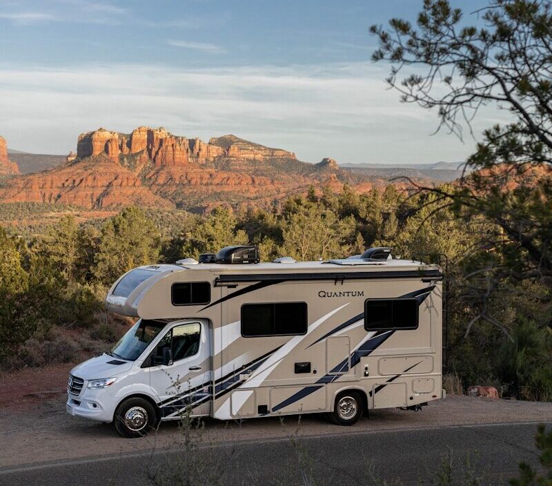 a white van parked on a road with trees and mountains in the background